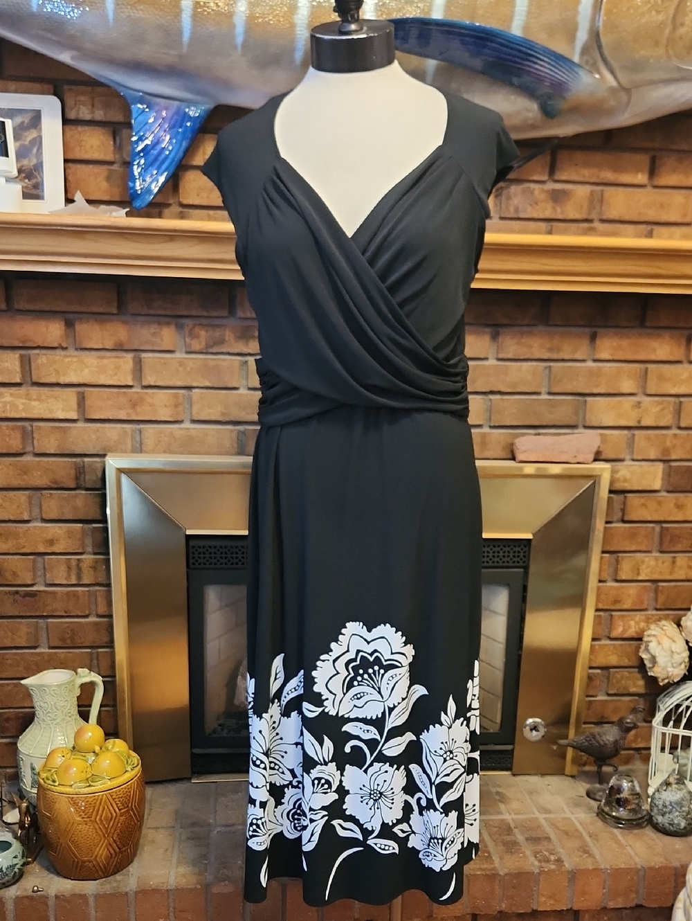 White House Black Market Black Midi Dress with White Floral Hem Size 12